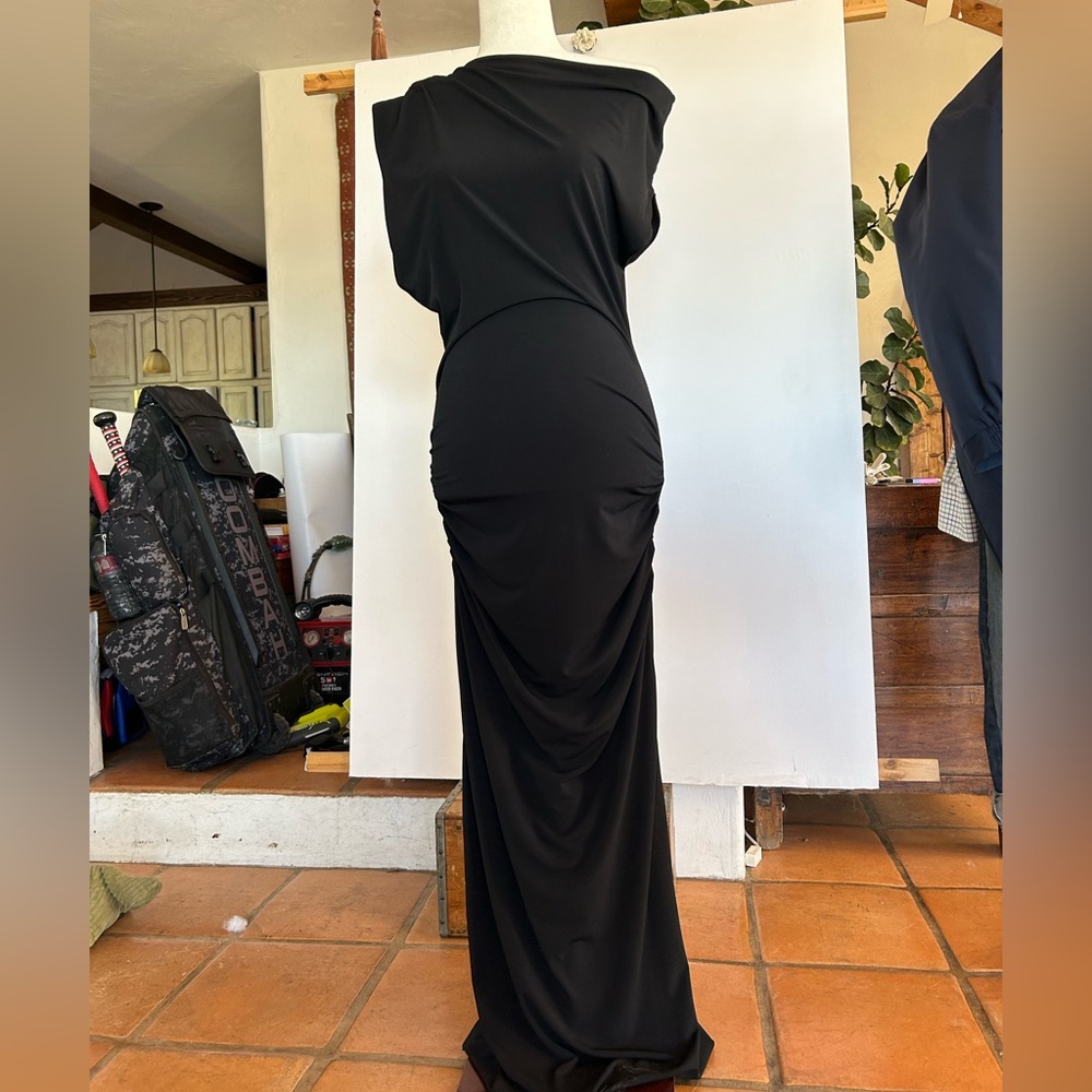 Black asymmetrical draped column maxi dress